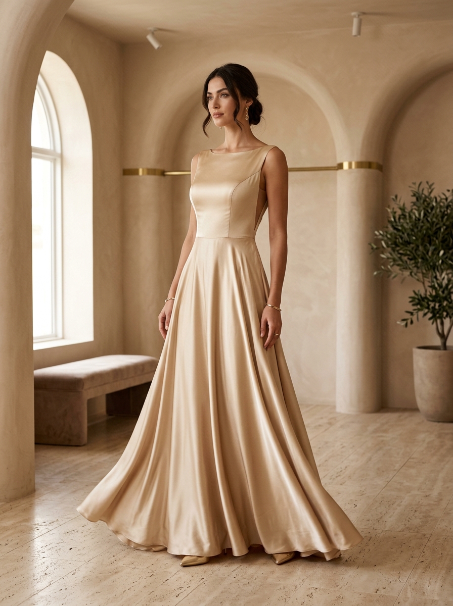 Vestido Longo Evasê Champagne